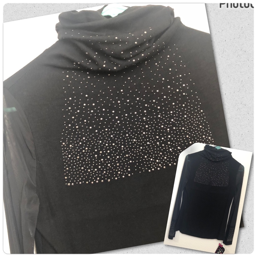 ZYCZ Womens Large Black Turtleneck Top Long Sleeve Bling Mixed Media Mesh NWT